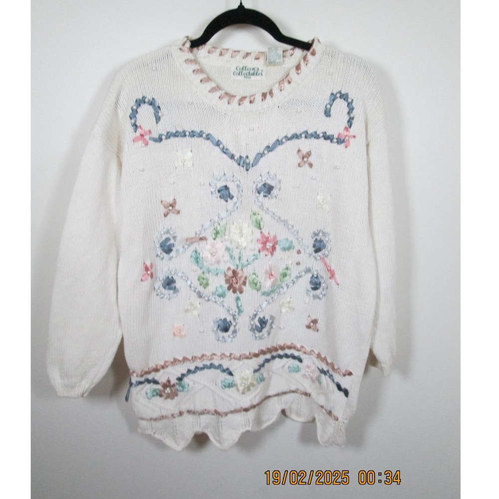 Cottagecore Embroidered Sweater X-Large Colleen's‎ Collectibles Ribbon Flowers